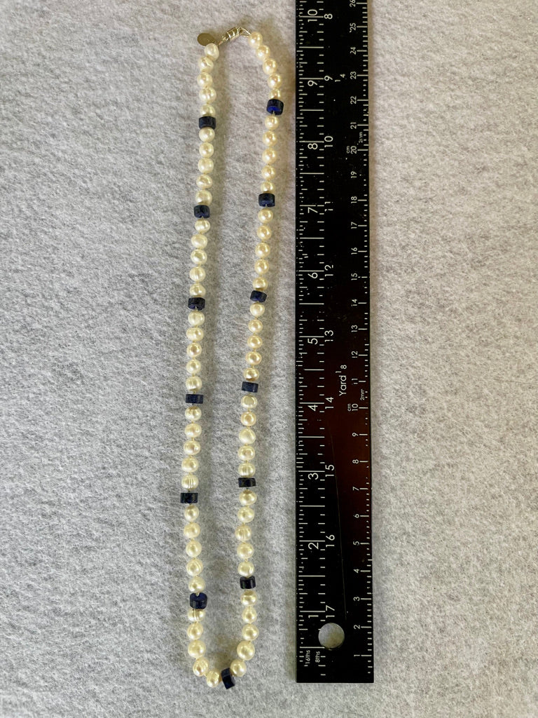 White Pearl and Lapis Lazuli heishi beaded  necklace(shown without matching stretchy bracelet on a white background with ruler