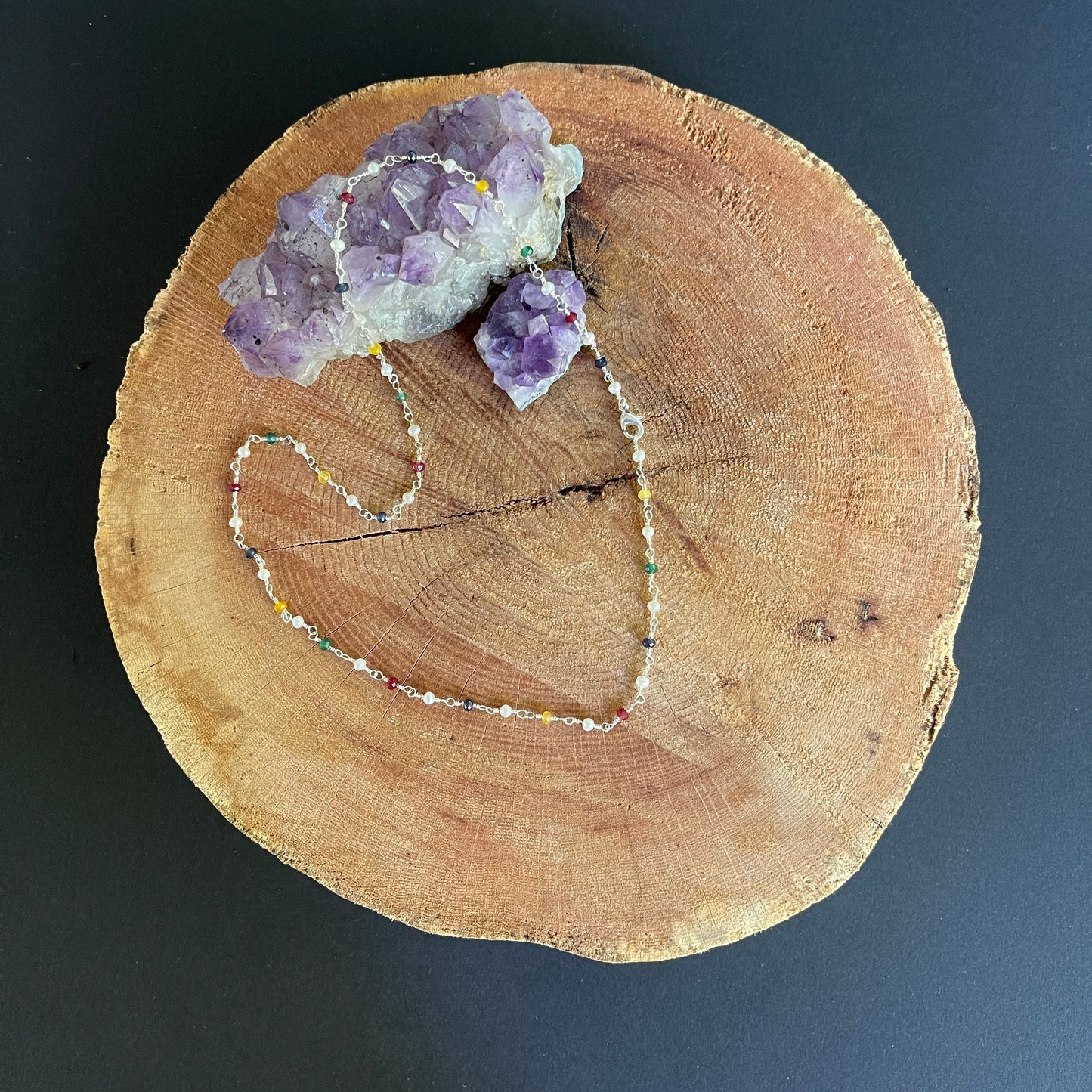 Multi colored Jade on Sterling Silver wire, 21.5" with lobster clasp