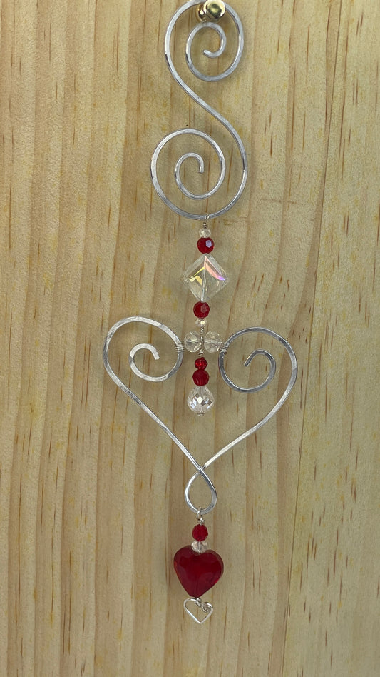 Heart shaped Decorative silver metal wall/window Suncatchers with Crystal red Heart drop ,10" on wooden background
