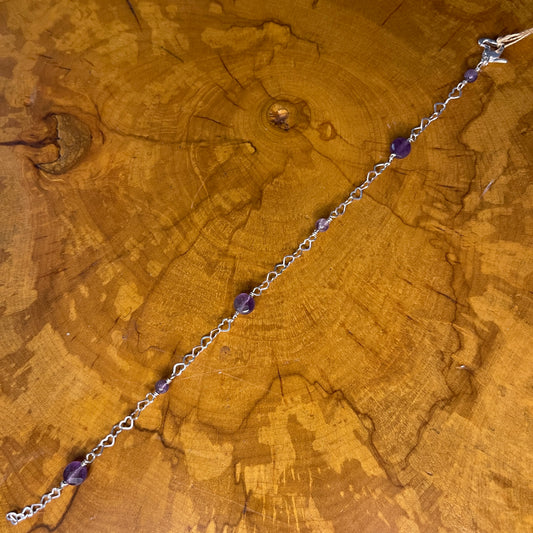 Sterling Silver heart Chain with faceted Amethyst, 8 1/2" with Sterling Heart extender, Sterling Silver Heart Lobster Clasp on wooden slab