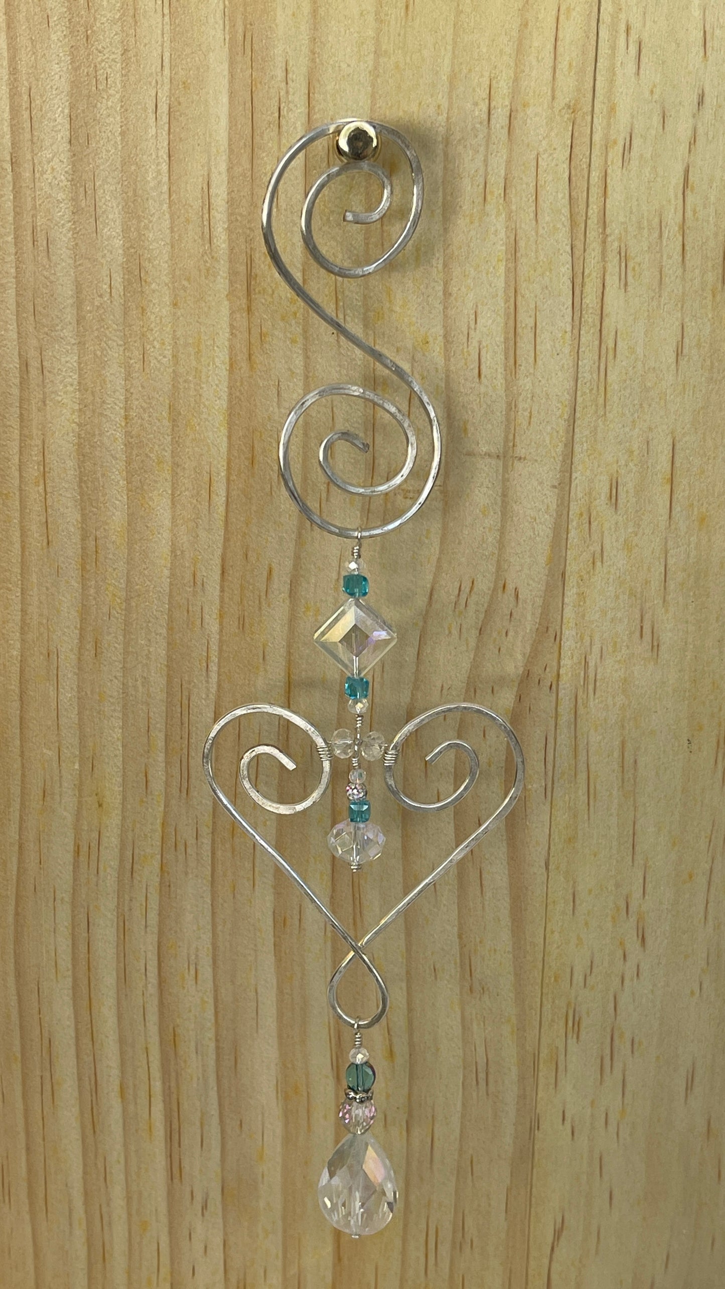 Heart shaped Decorative silver metal wall/window Suncatcher with Crystal tear shaped drop, light blue crystals, 10"