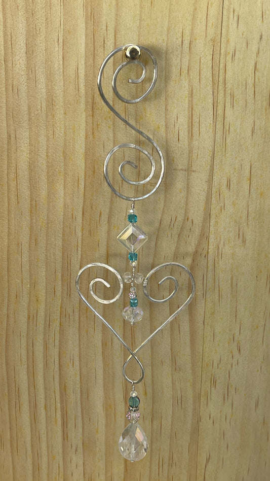 Heart shaped Decorative silver metal wall/window Suncatcher with Crystal tear shaped drop, light blue crystals, 10"