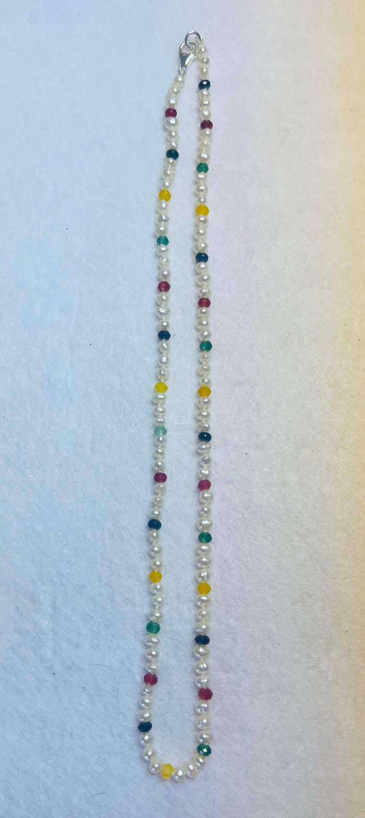 4mm White freshwater Pearls with Multi colored Jade on Silk, 19.5" with Sterling silver Lobster clasp