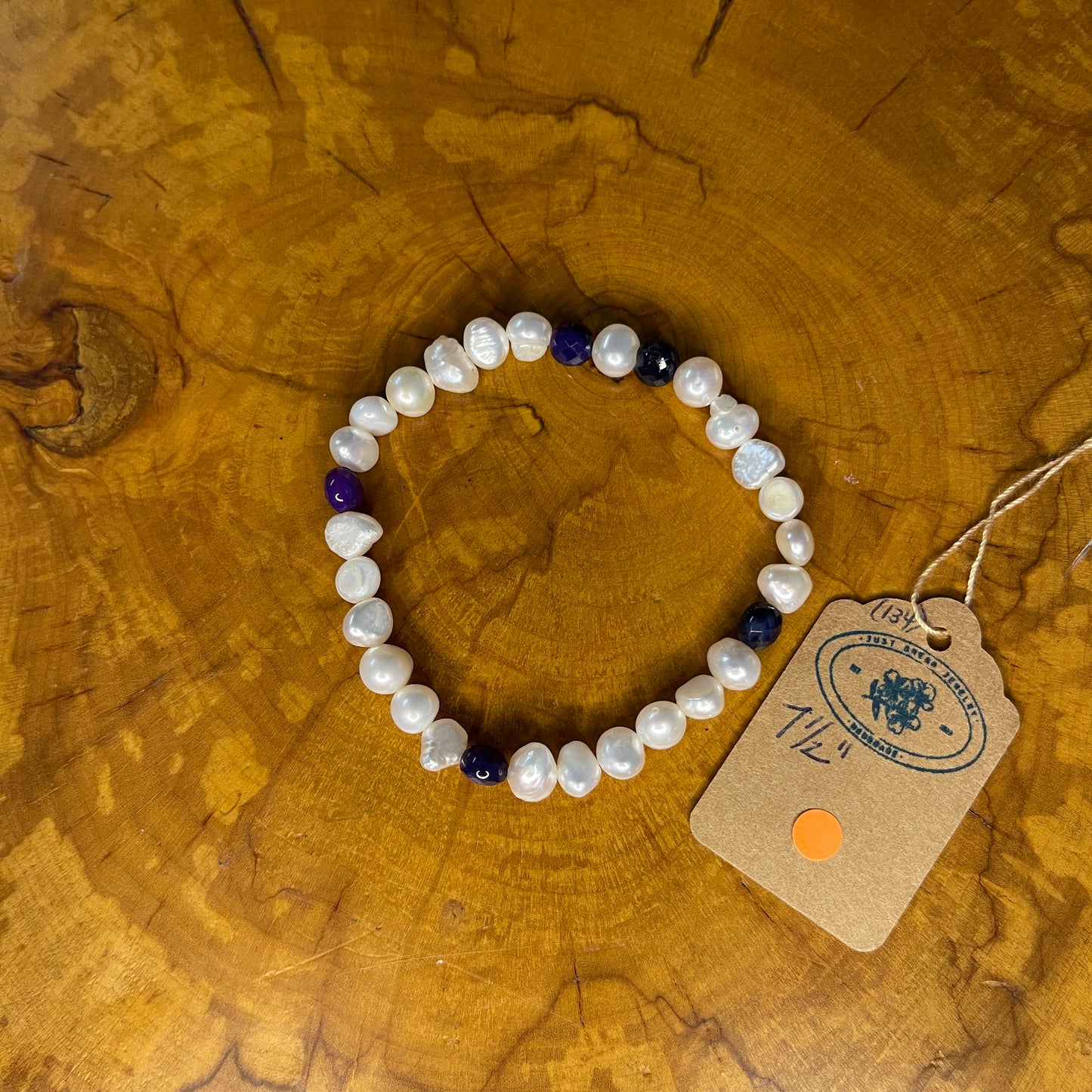 White freshwater pearls with Dark purple faceted Jasper on elastic, 7 1/2"