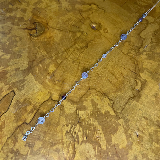 Sterling silver Heart chain bracelet with Fluorite beads on a wooden surface, 8 1/2"