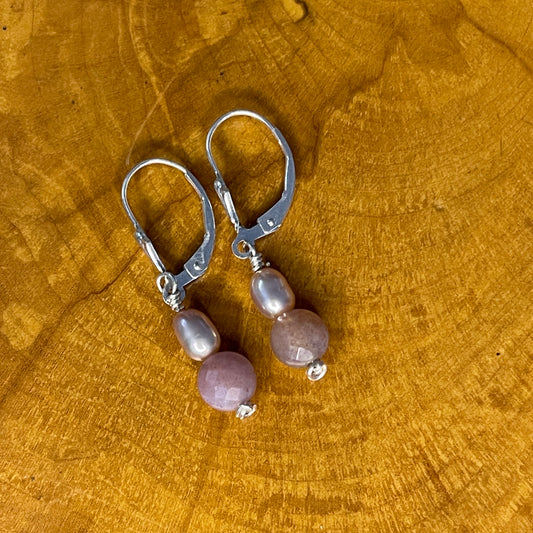 Mauve Freshwater Pearls with faceted Pink Jasper earrings with Sterling silver leverback finding