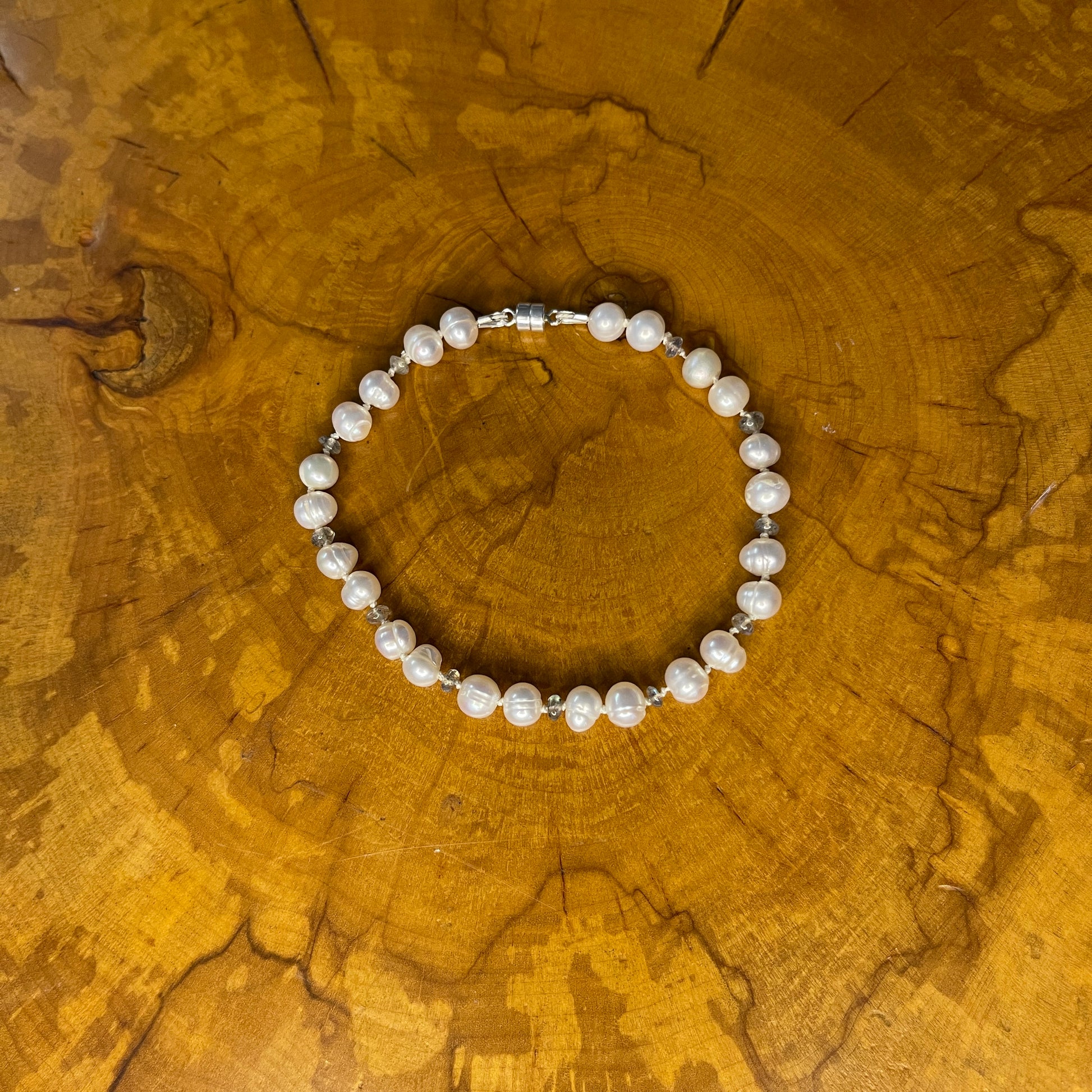 Freshwater White Pearls with Black Opal seed beads on Silk with sterling Silver magnetic clasp, 8"