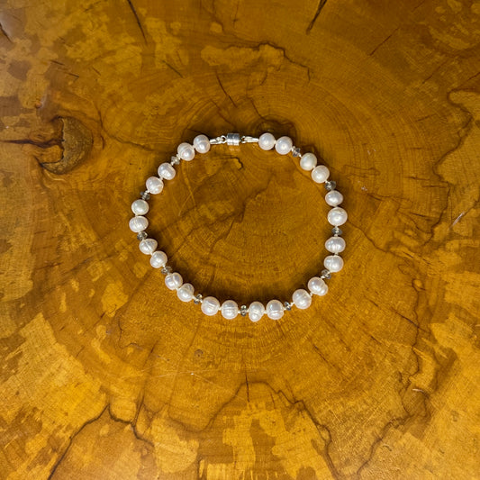 Freshwater White Pearls with Black Opal seed beads on Silk with sterling Silver magnetic clasp, 8"