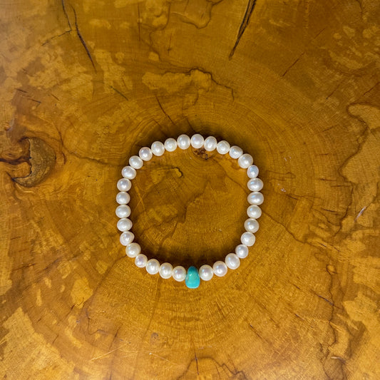 6mm White Freshwater Pearls with  Turquoise on elastic, 7 1/2" on wood