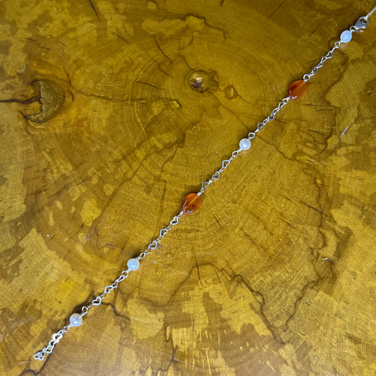 Sterling Silver Heart Chain with Oval Carnelian and White Freshwater Pearls, 8 1/4" with Sterling Heart extender, Sterling Silver Lobster Clasp on wooden slab